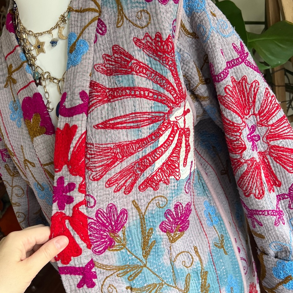 She’s1Oak Fine Kantha Suzani Embroidered Multicolor Short Jacket Kimono XS-L - Picture 14 of 16
